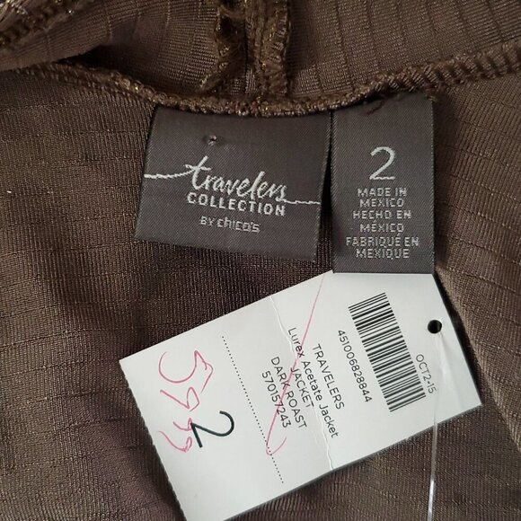 Chico's Travelers Open Cardigan Jacket Sz 2 Large Brown Gold Metallic Pin Stripe - Picture 4 of 5